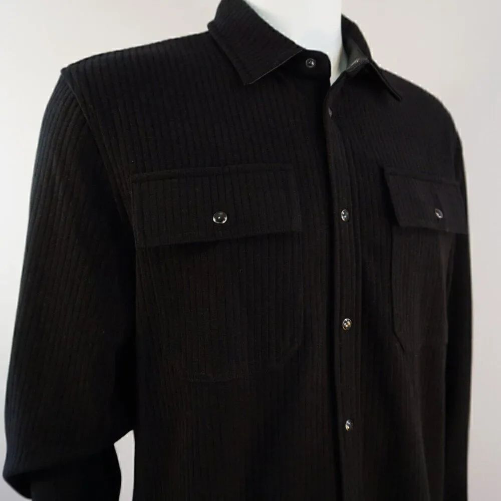 Karl Lagerfeld Men Sz L Shirt Jacket Black Ribbed Knit Snap Buttons Leather Trim